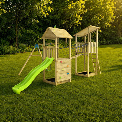 The TP Skywood Wooden Tower Climbing Frame by TP Toys includes a Ripple Slide, SkyWalk Bridge, Lookout Tower, climbing wall, ladder, and double swing arm—FSC® certified for safe and fun outdoor play.