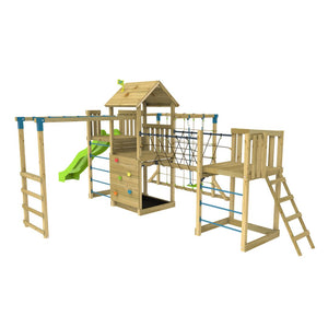 The TP Toys TP Skywood Wooden Tower Climbing Frame includes a Super Wavy Slide, Sky Deck, Monkey Bars, Skywalk Bridge, Skyline with Swing Seat, and extra play tower—FSC® certified. All features shown on a white background.