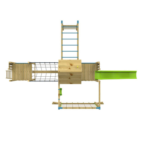 Top-down view of the TP Toys Skywood Wooden Tower Climbing Frame with Super Wavy Slide, Sky Deck, Monkey Bars, Skywalk Bridge, Skyline swing seat & extra play tower—FSC® certified. Green 10ft slide extends to the right.