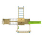 Top-down view of the TP Toys Skywood Wooden Tower Climbing Frame with Super Wavy Slide, Sky Deck, Monkey Bars, Skywalk Bridge, Skyline swing seat & extra play tower—FSC® certified. Green 10ft slide extends to the right.