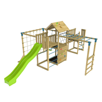 The TP Toys Skywood Wooden Tower Climbing Frame features a Super Wavy Slide, Sky Deck, Monkey Bars, Skywalk Bridge, Skyline with Swing Seat, extra play tower and is FSC® certified; all shown on a white background.