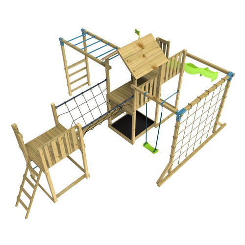 The TP Toys TP Skywood Wooden Tower Climbing Frame features a Super Wavy Slide, Sky Deck, Monkey Bars, Skywalk Bridge, Skyline with Swing Seat, and an extra play tower—ideal for active kids and adventurous outdoor fun. FSC® certified.
