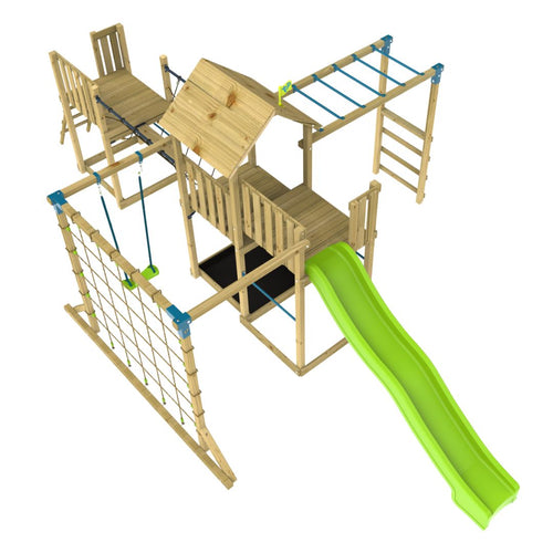 The TP Toys Skywood Wooden Tower Climbing Frame features a Super Wavy Slide, Sky Deck, Monkey Bars, Swing Seat, Skywalk Bridge, and an extra play tower—FSC® certified and perfect for outdoor fun.