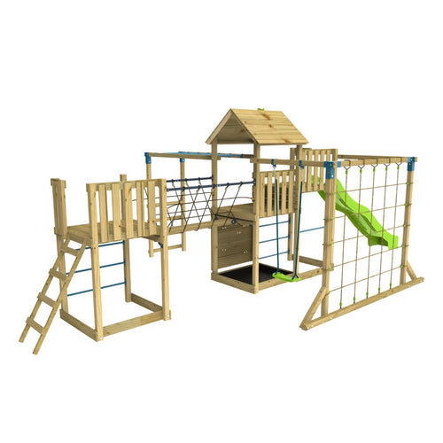 The TP Toys Skywood Wooden Tower Climbing Frame features a Super Wavy Slide, Sky Deck, Monkey Bars, Skywalk Bridge, Skyline with Swing Seat, and an extra play tower. FSC® certified for outdoor fun.