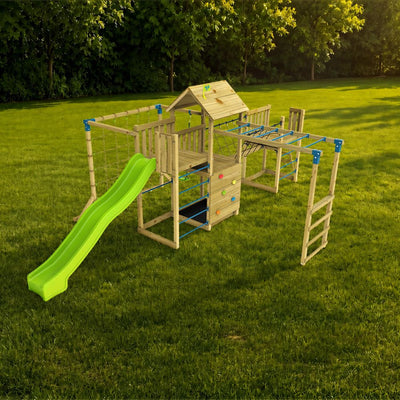 The TP Toys Skywood Wooden Tower Climbing Frame features a super wavy slide, sky deck, monkey bars, skywalk bridge, swing seat, and extra play tower—FSC® certified—ideal for outdoor fun amid trees and grass.