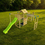 The TP Toys Skywood Wooden Tower Climbing Frame features a super wavy slide, sky deck, monkey bars, skywalk bridge, swing seat, and extra play tower—FSC® certified—ideal for outdoor fun amid trees and grass.