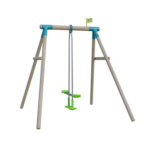 The TP Toys TP Sherwood Single Wooden Swing with Glide Ride Swing Seat (FSC Certified) features a sturdy wooden frame, blue metal joints, and a bright yellow flag—perfect for smaller gardens.