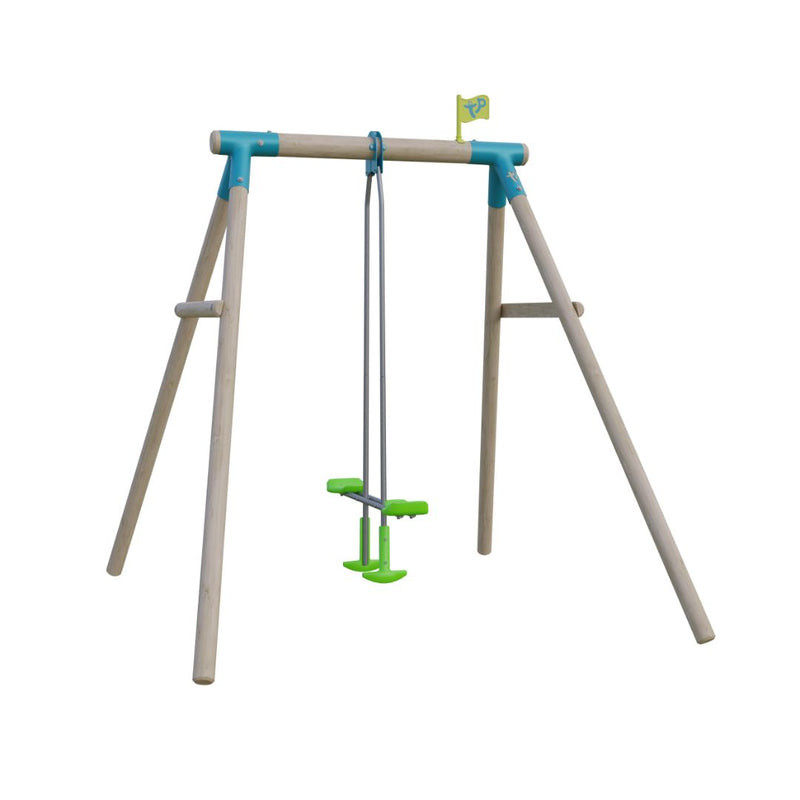 The TP Toys TP Sherwood Single Wooden Swing with Glide Ride Swing Seat (FSC Certified) features a sturdy wooden frame, blue metal joints, and a bright yellow flag—perfect for smaller gardens.