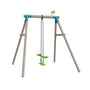 The TP Toys TP Sherwood Single Wooden Swing with Glide Ride Swing Seat (FSC Certified) features a sturdy wooden frame, blue metal joints, and a bright yellow flag—perfect for smaller gardens.