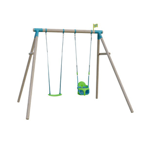 The TP Toys Sherwood Wooden Double Swing Set includes a Rapide seat and a green Quadpod toddler seat, both hanging from a double rustic frame with blue ropes. PEFC certified for sustainability.