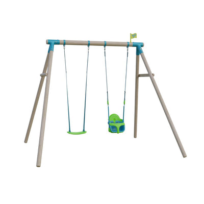 The TP Toys Sherwood Wooden Double Swing Set includes a Rapide seat and a green Quadpod toddler seat, both hanging from a double rustic frame with blue ropes. PEFC certified for sustainability.