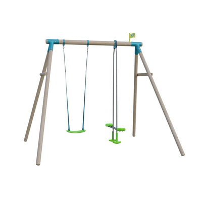 The TP Sherwood Wooden Double Swing Set with Rapide Seat & Glide Ride by TP Toys features a rustic PEFC-certified frame, two swings—Rapide seat and Glide Ride—with green and blue accents, plus a small yellow flag on top.