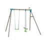 The TP Sherwood Wooden Double Swing Set with Rapide Seat & Glide Ride by TP Toys features a rustic PEFC-certified frame, two swings—Rapide seat and Glide Ride—with green and blue accents, plus a small yellow flag on top.