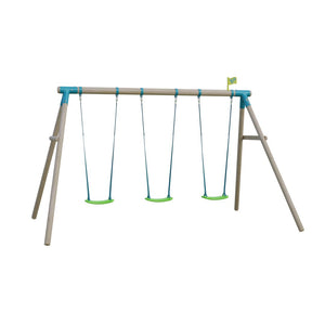 Introducing the TP Toys TP Sherwood Triple Wooden Swing Set – PEFC certified, a stylish and compact garden swing set featuring three green roped swing seats suspended from durable blue ropes, all supported by a sturdy rustic wooden frame in a classic A-frame design.