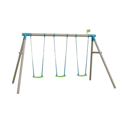 Introducing the TP Toys TP Sherwood Triple Wooden Swing Set – PEFC certified, a stylish and compact garden swing set featuring three green roped swing seats suspended from durable blue ropes, all supported by a sturdy rustic wooden frame in a classic A-frame design.