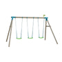 Introducing the TP Toys TP Sherwood Triple Wooden Swing Set – PEFC certified, a stylish and compact garden swing set featuring three green roped swing seats suspended from durable blue ropes, all supported by a sturdy rustic wooden frame in a classic A-frame design.