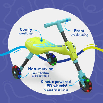 The TP Toys Scuttlebug Firefly is a children’s three-wheeled ride-on with a non-slip seat, front-wheel steering, and motion-powered kinetic LED light-up wheels. This foot-to-floor trike also features non-marking, anti-vibration wheels.