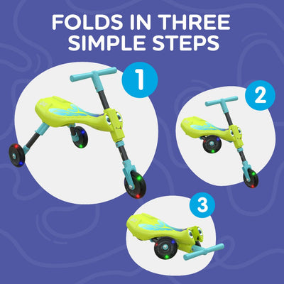 The TP Toys Scuttlebug Firefly, a green and blue kids scooter with motion-powered light-up wheels, is shown folding in three easy steps, numbered 1–3, against a blue background with the text Folds in three simple steps.