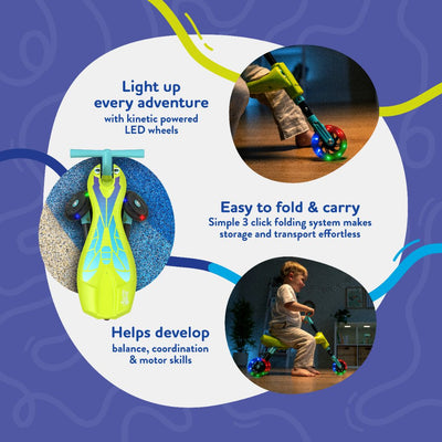 The TP Toys Scuttlebug Firefly is a children’s scooter with motion-powered light-up wheels, featuring a foldable design that helps develop balance, coordination, and motor skills.