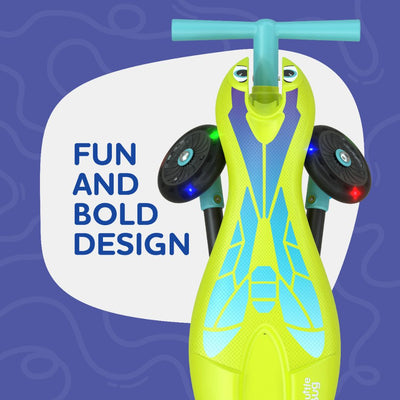 The TP Toys Scuttlebug Firefly, a vibrant three-wheeled children’s scooter with motion-powered light-up wheels, appears beside the text “Fun and Bold Design” on a blue patterned background.