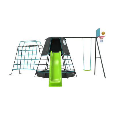 The TP Explorer Metal Climbing Frame Black Edition by TP Toys features a Ripple Slide, Swing Arm, Monkey Bridge, and Basketball Hoop—ideal for active outdoor play. Stands out against a crisp white background.