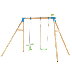 The TP Toys TP Knightswood Double Wooden Swing Set With Glide Ride features blue metal joints, a Rapide roped swing seat, one green seat swing, a green and silver pogo stick swing, and a small yellow flag on top.
