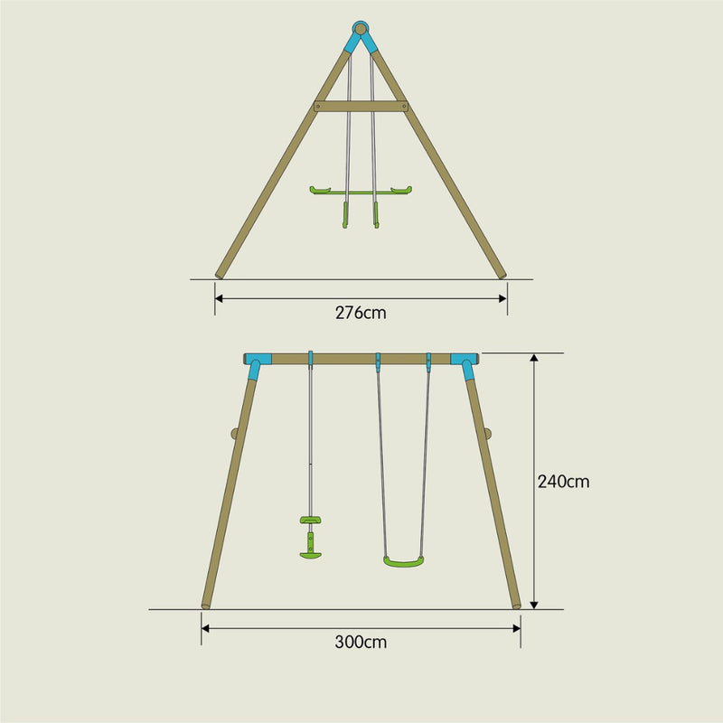 Diagram of the TP Toys TP Knightswood Double Wooden Swing Set With Glide Ride, featuring two swings and a Rapide roped swing seat; dimensions: 300 cm (W) x 240 cm (H) x 276 cm (D).