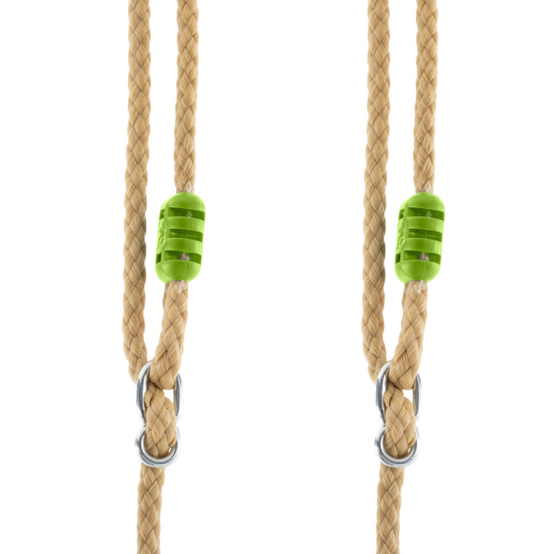 Two tan braided ropes for the TP Toys Knightswood Double Wooden Swing Set with Glide Ride are each looped through a metal ring and secured with a green plastic adjuster, shown against a white background.