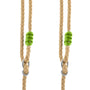 Two tan braided ropes for the TP Toys Knightswood Double Wooden Swing Set with Glide Ride are each looped through a metal ring and secured with a green plastic adjuster, shown against a white background.