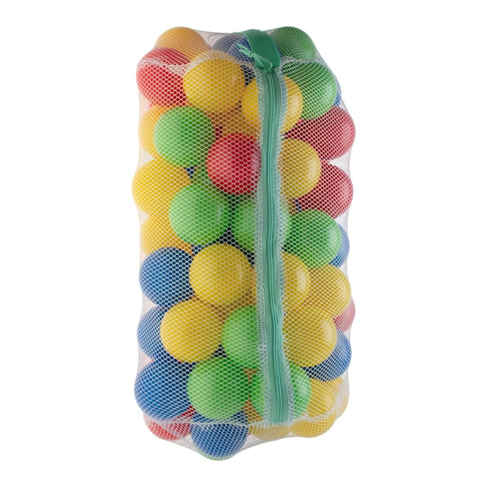The TP Toys Activo 100 Plastic Play Balls come in a mesh zip bag and include assorted red, yellow, green, and blue balls for playhouses.