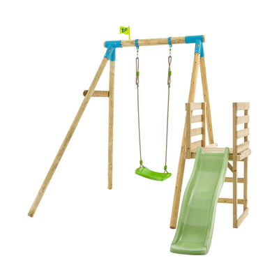The TP Toys TP Robin Swing with Roped Rapide Seat and 6ft Slide Set is a compact wooden playframe, perfect for any garden, featuring a green wavy slide and swing on a small platform, shown here against a white background.