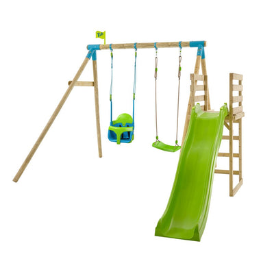 The TP Toys TP Kite Wooden Double Swing Set features a quadpod baby seat, roped Rapide swing, 8ft slide, climbing ladder, and a small flag on top—all shown on a white background.
