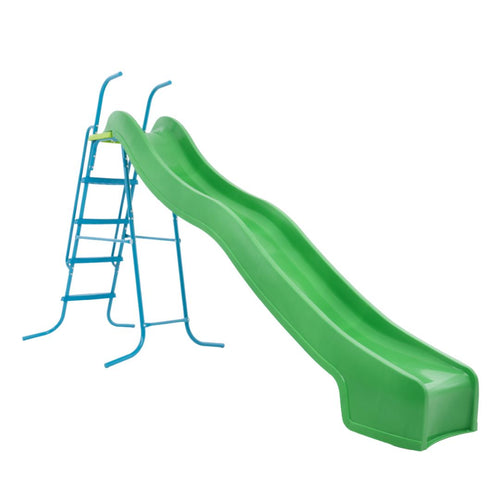 The TP Toys TP 10ft (3m) Super Wavy Slide & Stepset, made from UV-stabilised green plastic with blue metal steps and handrails, is shown on a white background.