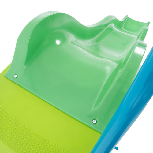 Close-up of the TP Toys TP 10ft (3m) Super Wavy Slide & Stepset, featuring a green UV-stabilised slide, blue side rails, and a yellow platform at the top.
