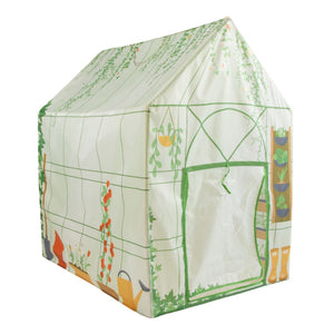 The Activo Greenhouse Playtent by TP Toys features printed gardening tools, plants, and a roll-up door flap, creating a realistic greenhouse playhouse for imaginative indoor and outdoor fun.