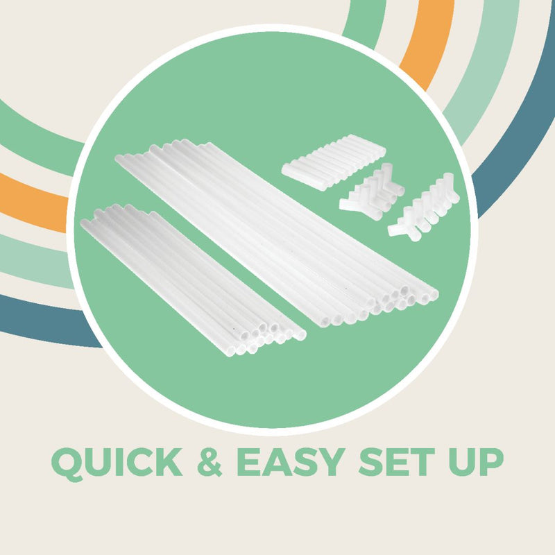 Plastic tubes and connectors are arranged on a green background, resembling the Activo Greenhouse Play Tent by TP Toys, with "Quick & Easy Set Up" text below and colorful arcs behind.