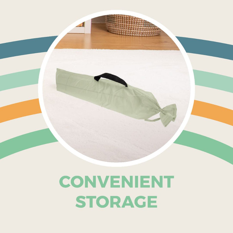 A light green storage bag with a black handle sits on a white carpet—ideal for storing your TP Toys Activo Greenhouse Play Tent. Text below reads CONVENIENT STORAGE.