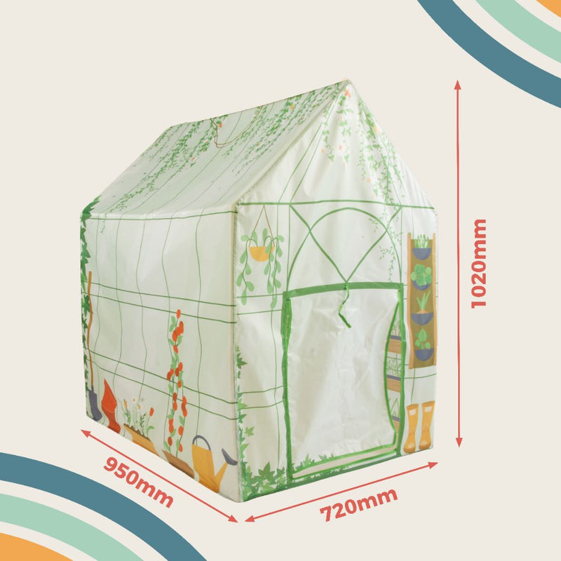 The TP Toys Activo Greenhouse Play Tent features a charming garden print and measures 1020mm high, 950mm wide, and 720mm deep—ideal for imaginative indoor or outdoor playhouse fun.