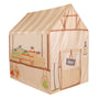 The TP Toys Activo Farmers Market Play Tent looks like a market stall with illustrated veggie crates, an “Open” sign door, and net bags on the side—great for imaginative indoor or outdoor play.