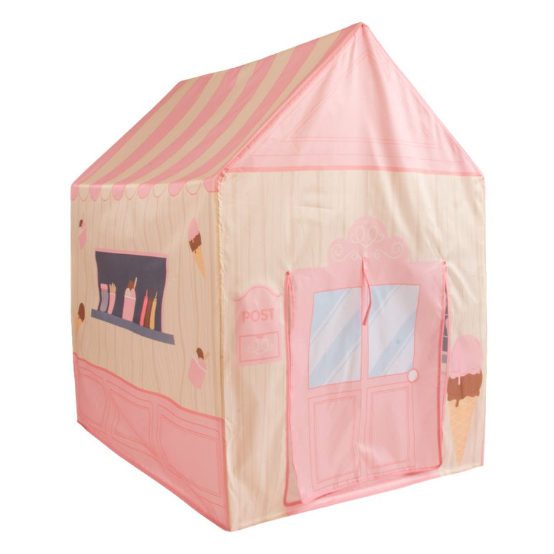 The TP Toys Activo Ice Cream Shop Play Tent, in pink and cream, features printed windows, doors, and ice cream cones—perfect for imaginative indoor or outdoor play.