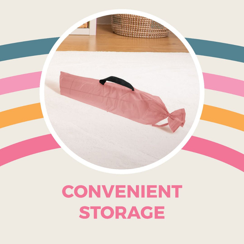 A pink fabric storage bag with a black handle lies on a white surface, ideal for storing your Activo Ice Cream Shop Play Tent by TP Toys or its accessories. The words CONVENIENT STORAGE are written below.