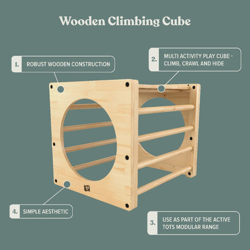 Robust and simple, the TP Toys Active-Tots Pikler Style Wooden Climbing Cube—FSC® certified—offers circular and bar openings for varied play, and is fully compatible with the TP Active Tots modular range.