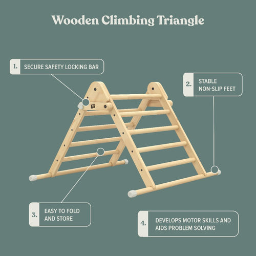 The TP Active-Tots Pikler Style Wooden Climbing Triangle by TP Toys features a safety locking bar, stable non-slip feet, and a foldable design. FSC® certified, this Montessori toy helps toddlers build motor skills and problem-solving abilities through safe play.