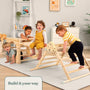 Four young children play and climb on a TP Toys Active-Tots Pikler Style Wooden Climbing Triangle (FSC® certified) and other wooden indoor toys in a brightly lit room with shelves, plants, and framed artwork on the wall.