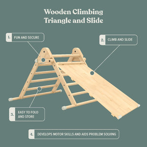 The TP Toys TP Active-Tots Pikler Style Wooden Climbing Triangle & Slide—FSC® certified—offers fun, secure active play. It’s easy to fold, store, and helps develop motor skills, making it a perfect Montessori climbing toy.