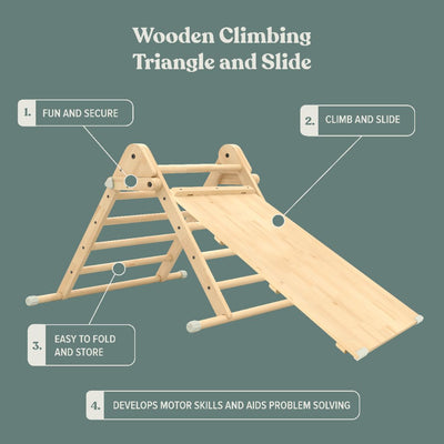 The TP Toys TP Active-Tots Pikler Style Wooden Climbing Triangle & Slide—FSC® certified—offers fun, secure active play. It’s easy to fold, store, and helps develop motor skills, making it a perfect Montessori climbing toy.