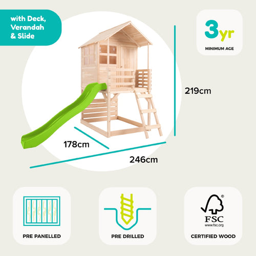 The Buttercup Cottage Wooden Playhouse with Verandah, 6ft Wavy Slide and Deck from TP Toys is ideal for outdoor adventures. Made from FSC® certified wood for added reassurance, this spacious playhouse features a verandah, a large deck area, and an exciting wavy slide. With generous dimensions of 219cm x 246cm x 178cm and suitable for children aged 3 years and up, it comes pre-panelled and pre-drilled to make assembly simple. Enjoy hours of safe backyard fun with this high-quality playhouse.