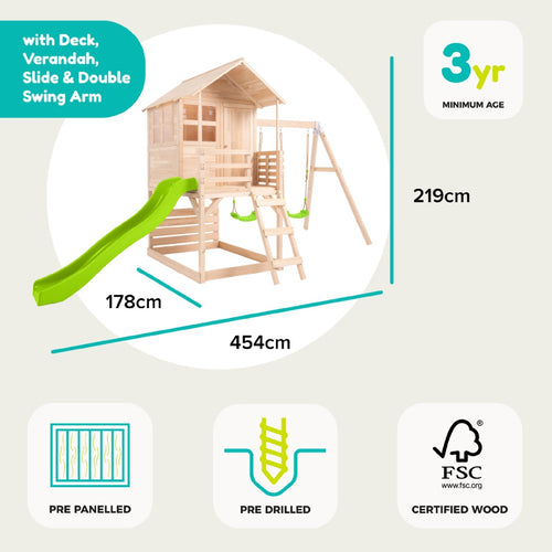 Introducing the Buttercup Cottage Wooden Playhouse with Verandah, 6ft Wavy Slide, Double Swing Arm and Deck by TP Toys. Measuring 454cm x 178cm x 219cm and suitable for children aged 3+, this playhouse features pre-panelled and pre-drilled parts for straightforward assembly. Crafted from FSC® certified wood, it ensures safe, sustainable outdoor play.