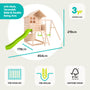 Introducing the Buttercup Cottage Wooden Playhouse with Verandah, 6ft Wavy Slide, Double Swing Arm and Deck by TP Toys. Measuring 454cm x 178cm x 219cm and suitable for children aged 3+, this playhouse features pre-panelled and pre-drilled parts for straightforward assembly. Crafted from FSC® certified wood, it ensures safe, sustainable outdoor play.