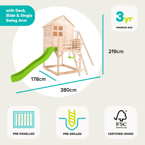 The Buttercup Cottage Wooden Playhouse with Deck, Swing Arm & 6ft Wavy Slide from TP Toys is a spacious outdoor playhouse (380x178x219cm), designed for ages 3 and up. FSC® certified, this playhouse features a green wavy slide, single swing arm, and comes pre-panelled and pre-drilled for easy assembly.